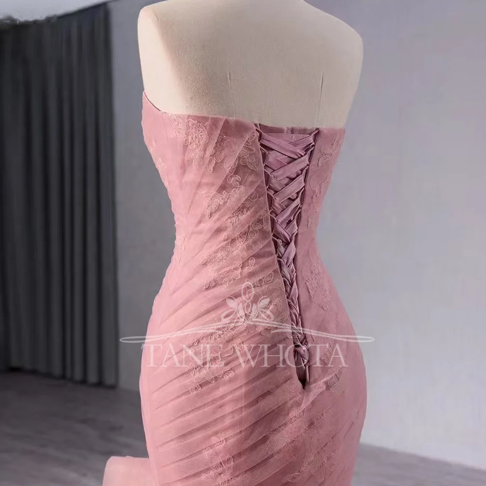 Pink Strapless Evening Dress Sleeveless Embroidered Ruched Lace-Up Back Sheath Fit Customizable Night Vestidos De Noche