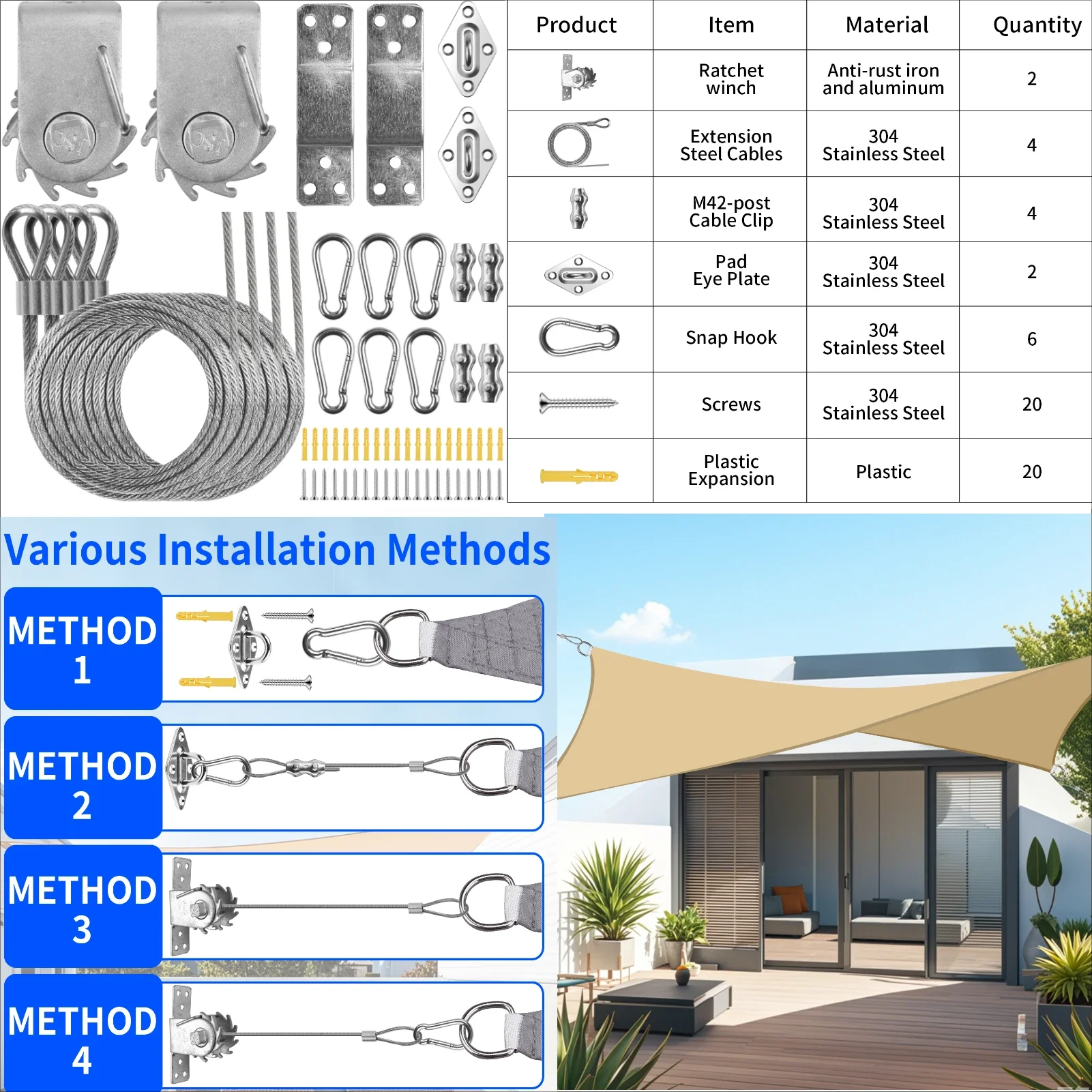 6M/5M/4M/Waterproof Shade Sail with Install Hardware Kit Outdoor Garden Patio 95% Block Canopy Pool Canopy Camp Tent
