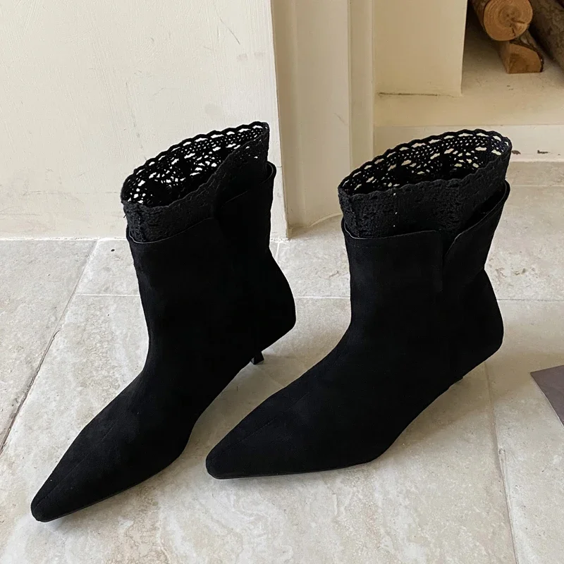 

Aneikeh Winter Street Style Fashion Pointed Toe Ankle Boots Women Thin Low Heels Shoes Banquet Party Short Botas Mujer