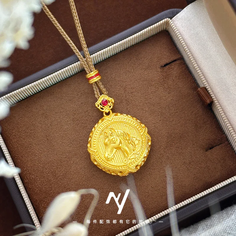Luxury 24K 9999 Pure Gold real gold Women's Silk Zodiac Fortune Horse Compasses Pendant Necklace