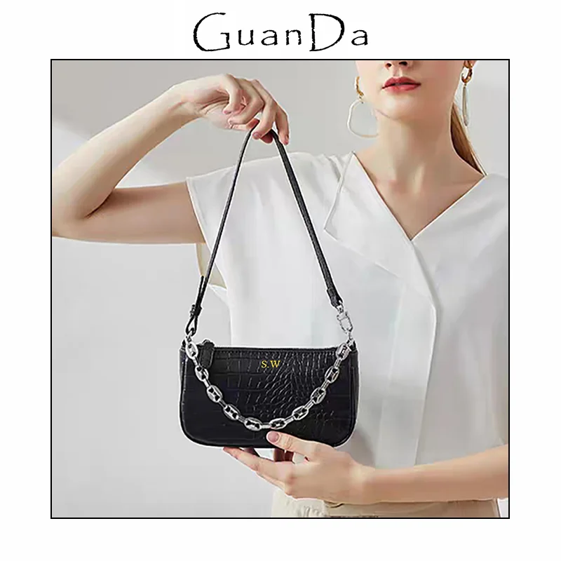 Fashion Luxury Crocodile Chain Shoulder Bag Woman Custom Initials Elegant Cowhide Handbag Genuine Leather Lady Underarm Bag