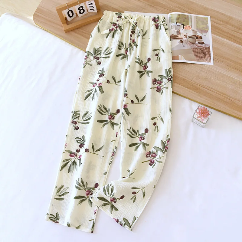 2024 Japanese New Spring/Summer Women\'s Sleeping Pants 100% Cotton Crepe Printed Pants Thin Loose Lace Home Pants Ladies