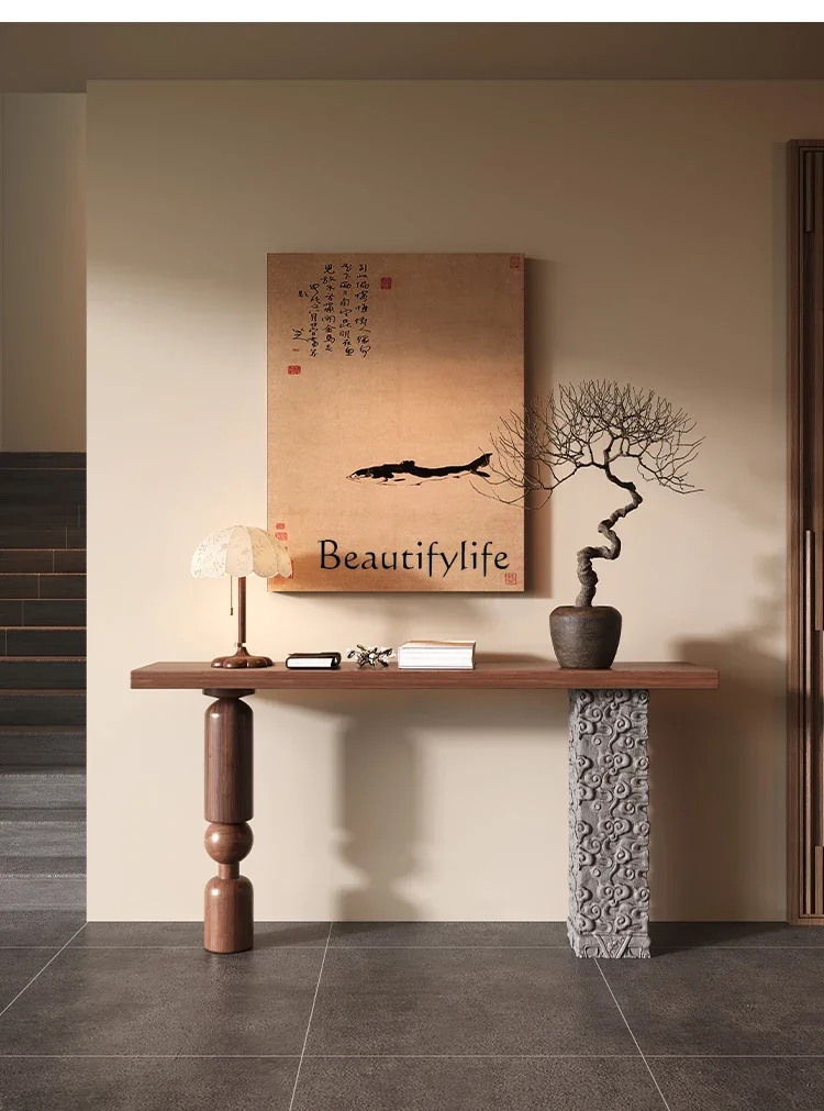 طاولة مدخل من الخشب الصلب، زاوية دخول الممر، طاولة عرض نهائية، حجر محاكاة مقابل طاولة مدخل الحائط المزخرفة