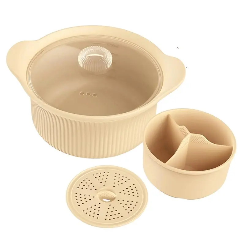 

N04R Large Microwave Pot 42 Oz Silicone Steamer 3 Compartments Including Handle& Lid For Baby Food For Vegetables