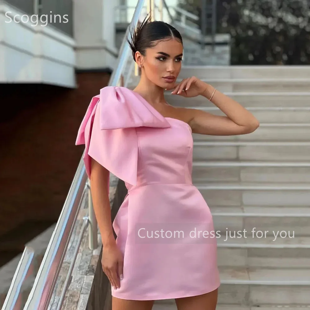 Scoggins فساتين سهرة Customize Evening Dress Column Satin One-Shoulder Dubai Bow Short Sleeveless Zipper Up Wedding Dress