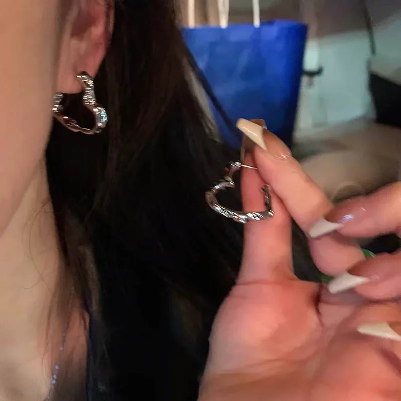 Y2K Koreanische Mode Vintage Silber Farbe Herz Hoop Ohrringe Für Frauen Egirl Trendy Grunge Ästhetischen Schmuck Zubehör