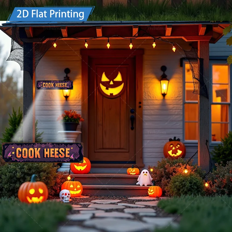 1pc 8x12inch Metal Sign Halloween "COOK HESE" Sign, 2D Flat Printing, Festive Pumpkin & Bat Decor