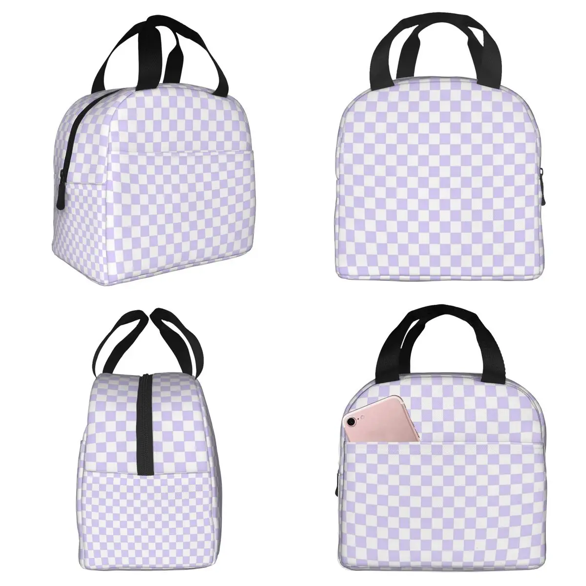 White And Pale Lavender Violet Checkerboard Insulated Lunch Bag for Women Office Cooler Thermal Food Box Leakproof Lunch Boxes