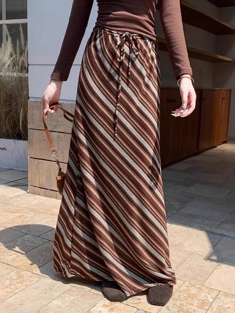 Streetwear Vintage Contrast Color Stripe Women Skirt Autumn Y2k Aesthetic A-line Long Skirts Harajuku Drawstring Grunge Faldas