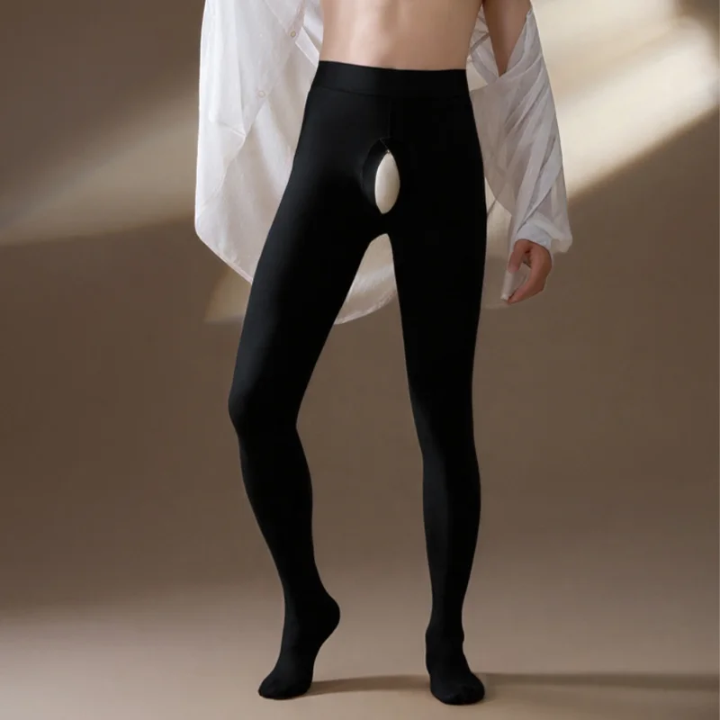 Men Long Lohns Autumn Winter New Velvet Large-Size Pouch Side Open Pantyhose Tight Smooth Pantyhoses Thermal Underwear