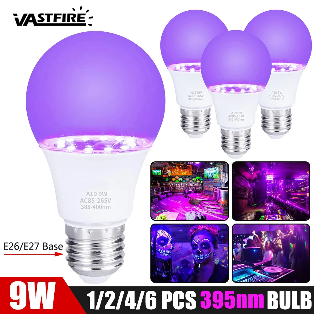 

E26/E27 9W 395nm UV Bulb Purple Blacklight Glow in the Dark Halloween Decoration Fluorescent Bulb For Bar Club Aquarium Party