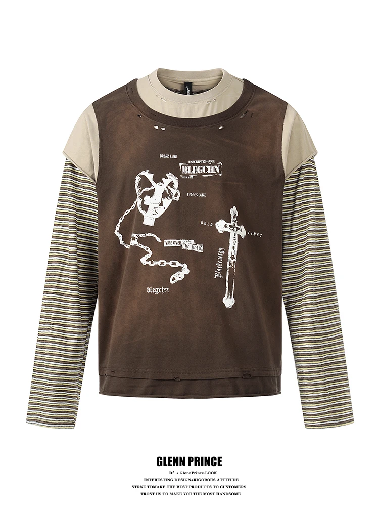 

Мужская футболка с длинным рукавом в американском уличном стиле, деконструированная, с эффектом пэчворк, имитация двухслойности, модный дизайн, хлопок, для молодежи