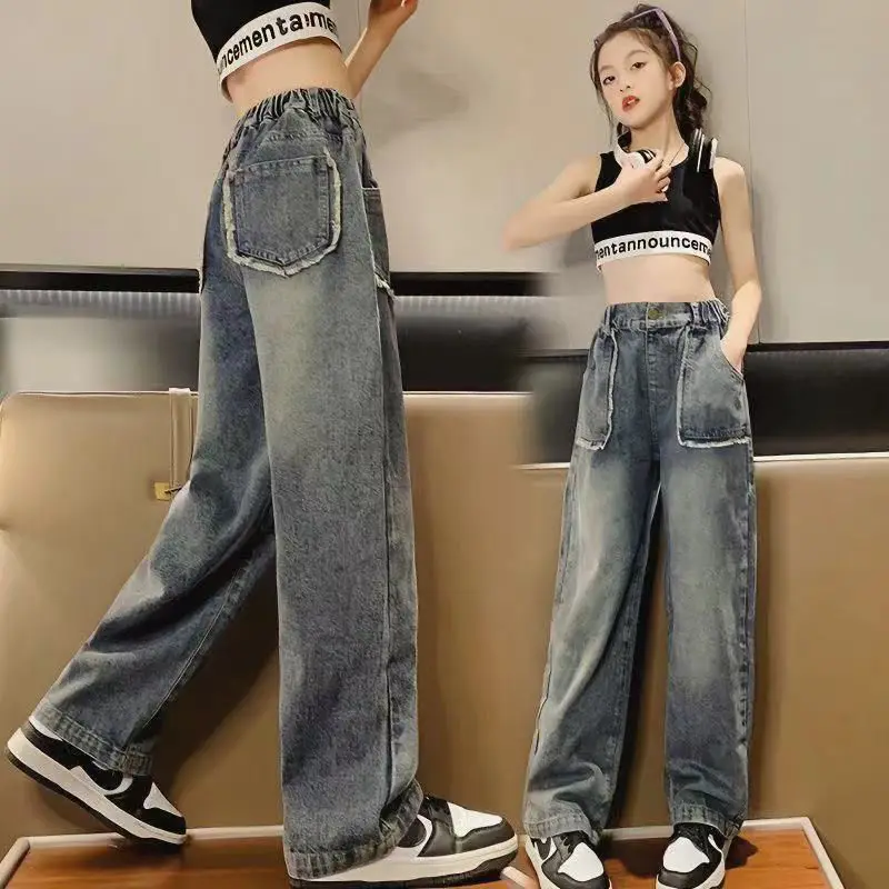 Spring Summer Teenager Girls Denim Wide Leg Pants Children Trousers Casual Baby Girls Jeans 4 6 8 10 11 12 13 Years Kids Clothes