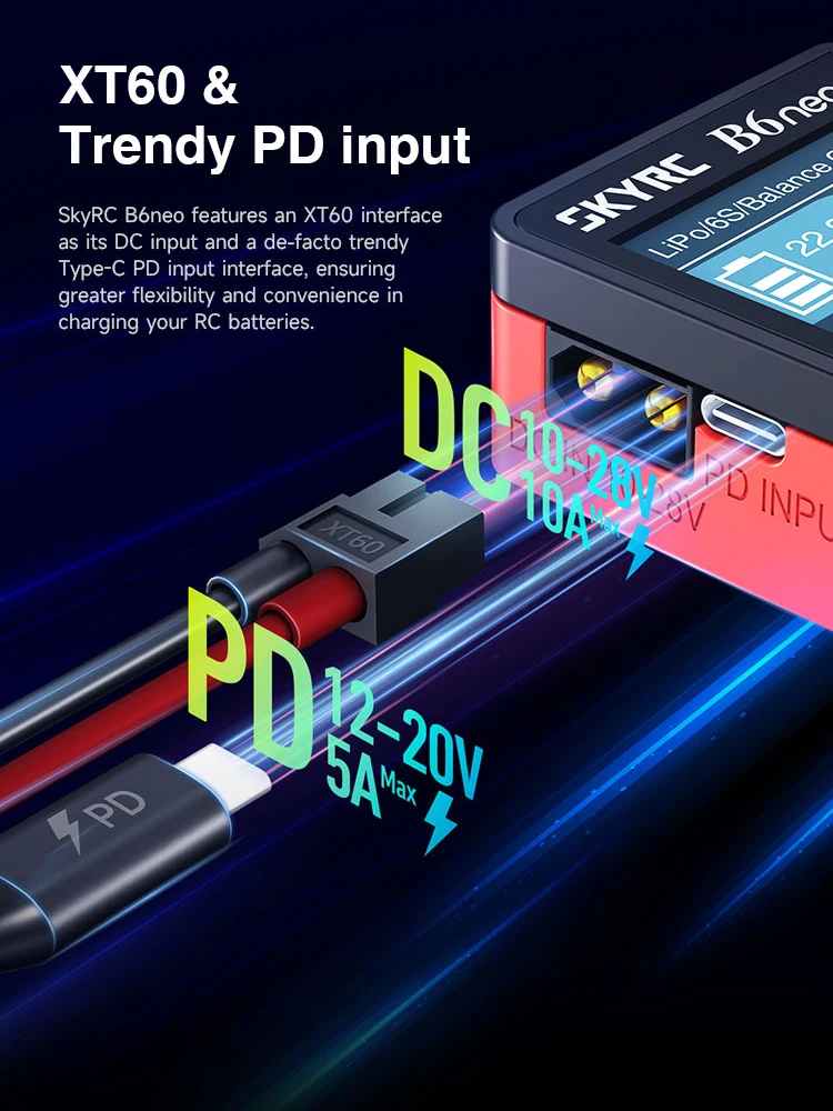 2023 SkyRC B6 neo Charger DC 200W 10A/ PD 80W 20V 5A 1-6S  LiPo Battery Balance Charger Discharger LiHV NiMH SK-100198