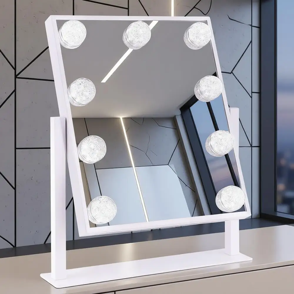 

LED Lighted Makeup Mirror with 3 Color Modes, 9 Dimmable Bulbs, 10X Magnification, 360° Rotation, Touch Control, White