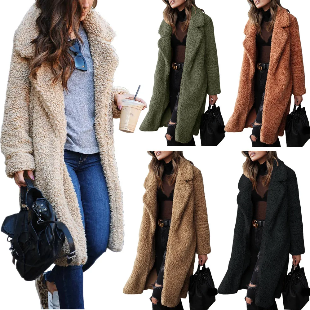 Autumn And Winter Long-sleeved Lapel Women's Plush Top, Long Coat Coat, Lamb Wool Double-sided Velvet