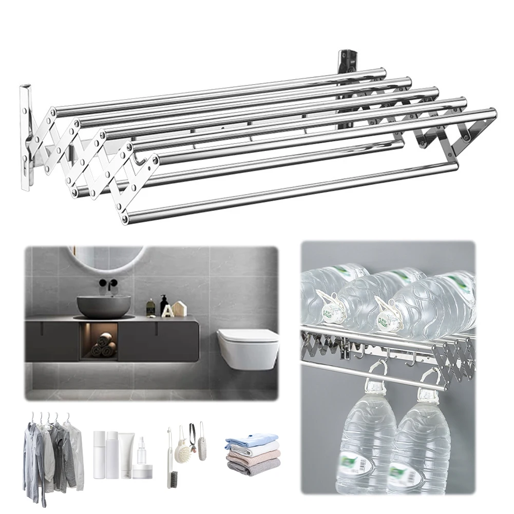 Wall Mounted Clothes Drying Rack Rustproof Retractable Collapsible Drying Racks Space-Saving Wall Drying Rack for Bathroom/Tower