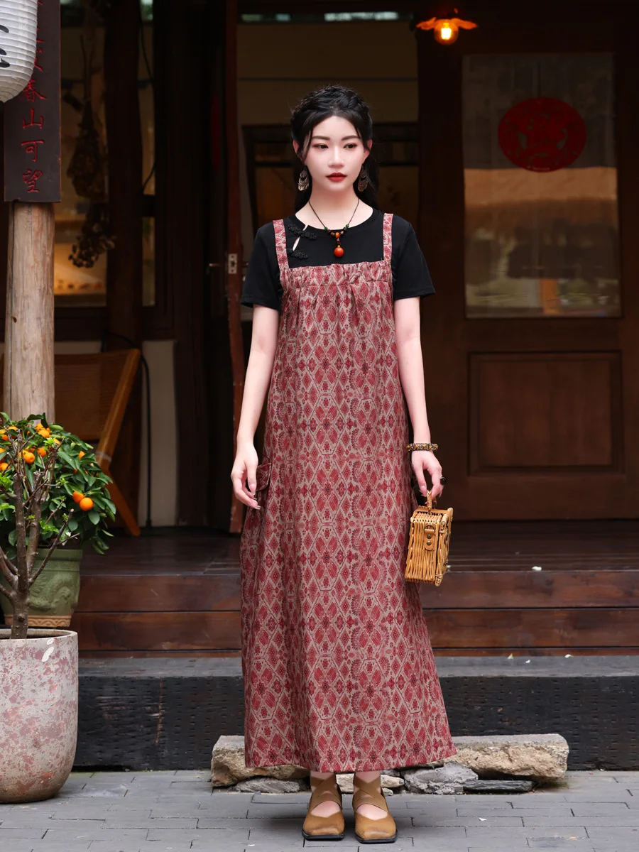 

TIYIHAILEY Long Maxi Summer Women Ladies Dress Sleeveless Pockets Flowers 2025 Linen New A-line Spaghetti Strap Bandage Printed