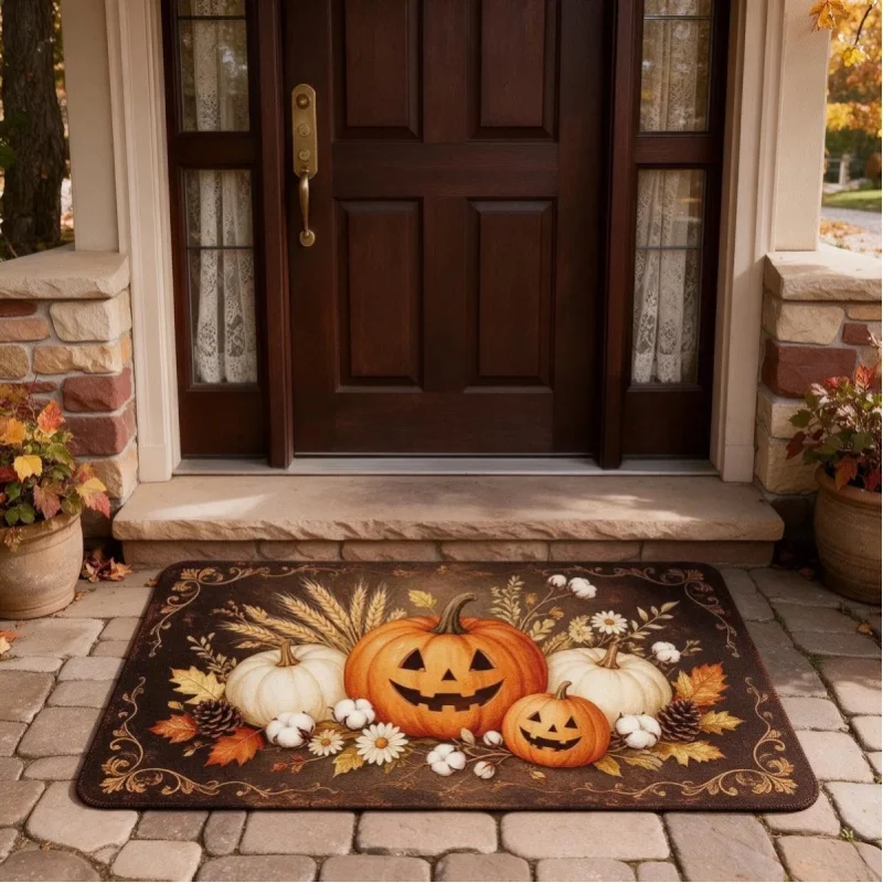 Halloweenowa mata do przedpokoju, kwadratowa, z nadrukiem, wykonana z miękkiej, puszystej tkaniny flanelowej, o grubym, chłonnym materiale i antypoślizgowej podstawie z PVC, idealna do przedpokoju, — 2