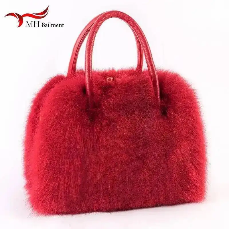 

Winter Women Fox Fur Handbags Genuine Cowhide Hard Handle Handbag Full-pelt Red Fur Shoulder Luxury Evening Fashion Bags Tote