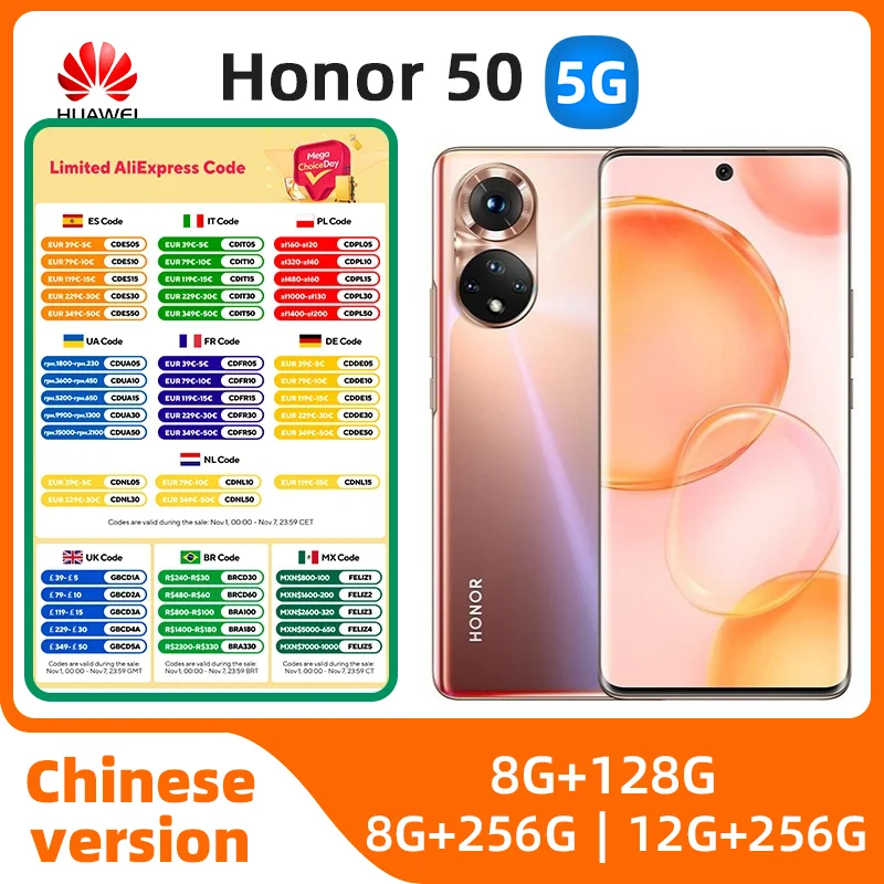 

Honor 50 Smartphone 5G Global ROM 6.57 inch 108MP Camera 128GB/256GB ROM Mobile phones Android Google Play used phone