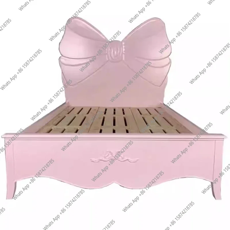 XS European Solid Wood Bed Bow Pink Girl Princess Bed French Light Luxury Master Bedroom Children's American Double