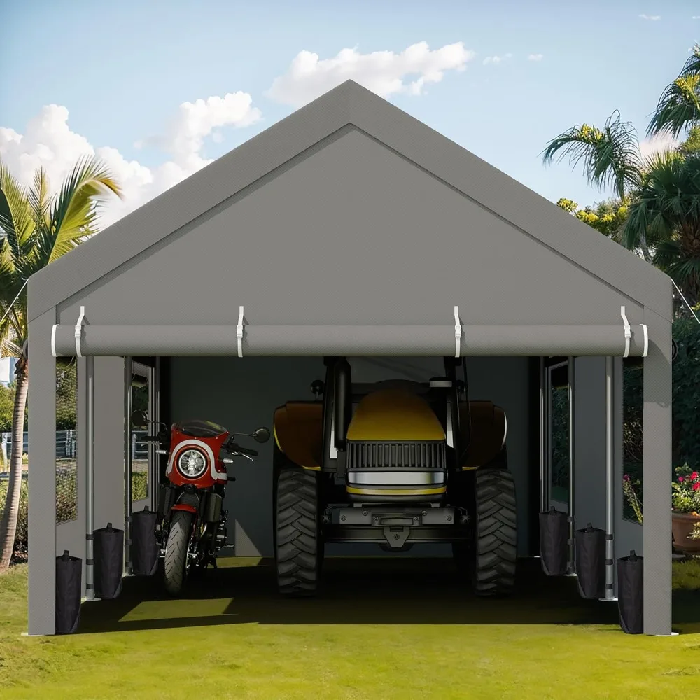 JY QAQA Carport، 12x20 FT أقطاب فولاذية معززة للمرآب الثقيلة مع جدران وأبواب جانبية قابلة للإزالة، فوز قابل للطي