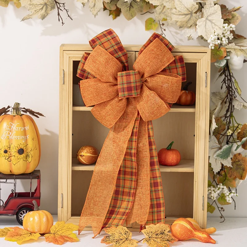 Fall Wreath Gift Bow Orange Check Thanksgiving Wreath Pre-Tied Bow for Fall Thanksgiving Home Indoor Outdoor Ornament