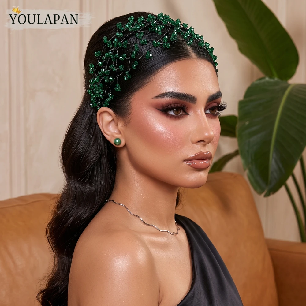YouLaPan Luxury Green Color Crystal Mesh Wide Headband Fashion Outdoor Wedding Hair Accessories Handmade Headpieces A312