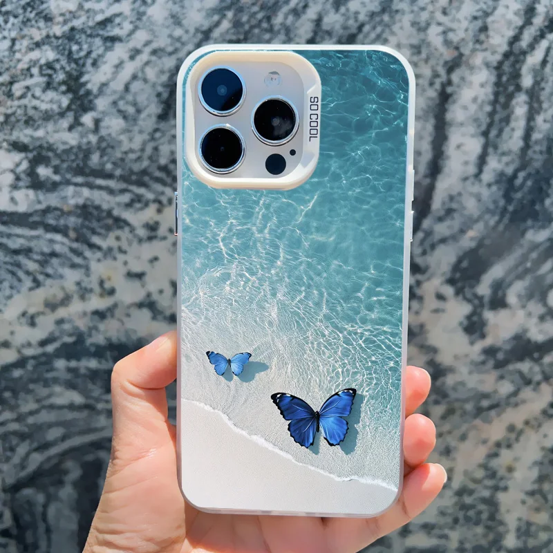 Blaue Schmetterling-Ozeanwellen-Handyhülle für iPhone 14 13 12 11 Pro Max 17 16 15 Pro Max 13 Mini 16 14 Plus Stoßfeste Laser-Cover – Detail 7