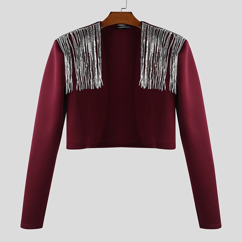 

INCERUN Men Jackets Tassel Patchwork Long Sleeve Open Stitch Male Coats Streetwear 2025 Fashion Casual Crop Coats Men Jackets