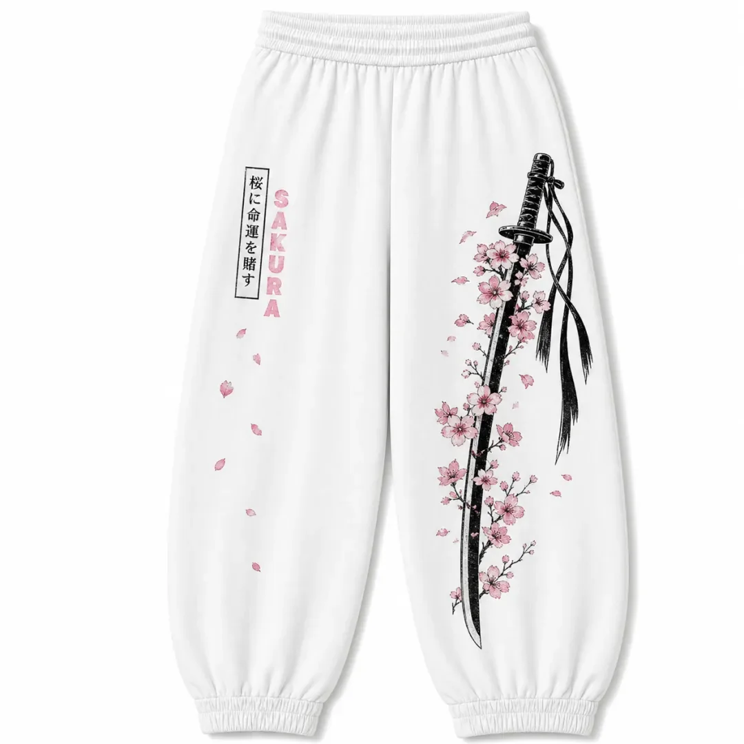 Japanese Sakura Samurai Sword Sports Pants Sakura Samurai Sword Japanese Printed Elastic Waist Street Style Casual Loose Pants