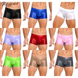 Men Nylon Sheer Shiny Oil Boxer Briefs Underwear Solid Color Boxers Shorts Bottom Swim Trunks Ice Silk Underpants Swimwear Party