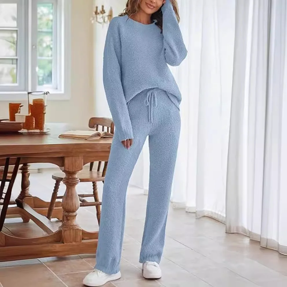 

2025 Autumn and Winter Women's Warm Suit O-neck Long Sleeve Top & Elastic Waist Casual Trousers Home Fashion Two-Piece Set