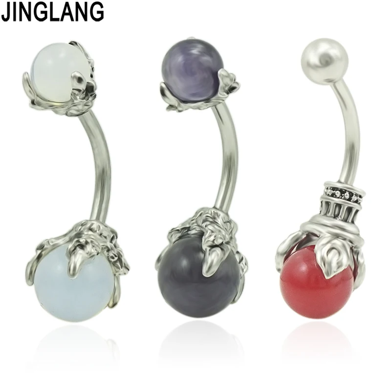 JINGLANG – anneau de ventre Sexy en acier pour femmes, bijoux de corps en pierre violette, protéine violette, griffe fantôme, en cristal, barre de Piercing