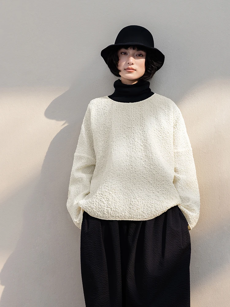 

New Le Collection Cotton Bubble Top Spring Bi-Color Overhead Artistic Long Sve round Ne Loose Fit irt