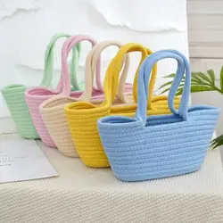 Cestino in tessuto di cotone da donna di moda borsa fatta a mano borsa per la spesa Tote Color caramella grande capacità borsa a tracolla da spiaggia scavata