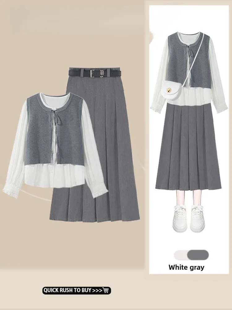 

Korean Style Shirt And Skirt Set High Waist Slimming Half Body Two Piece Suit Anti Aging Trendy Casual Women's Fashion