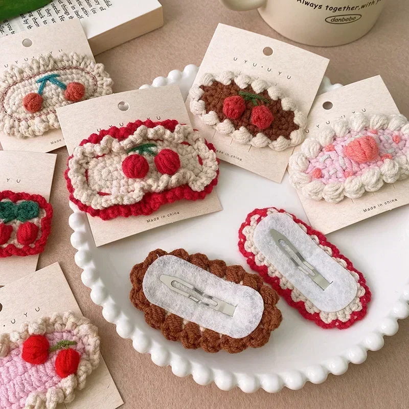 Chiildren Girls Handmade Knit Cute Girl Hair Clip for Women Kids Embroidery Cherry Cake Bang Side Clip Kawaii Hair Accessories