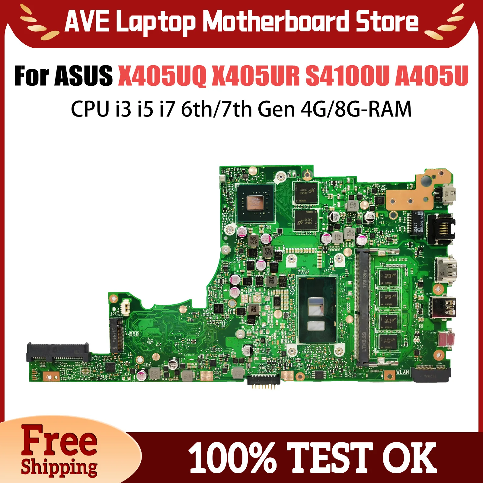 X405UQ For ASUS X405UR S4100U X405UA V405U A405U S405U K405U F405U Laptop Motherboard CPU i3 i5 i7 6th/7th Gen 4G/8G-RAM