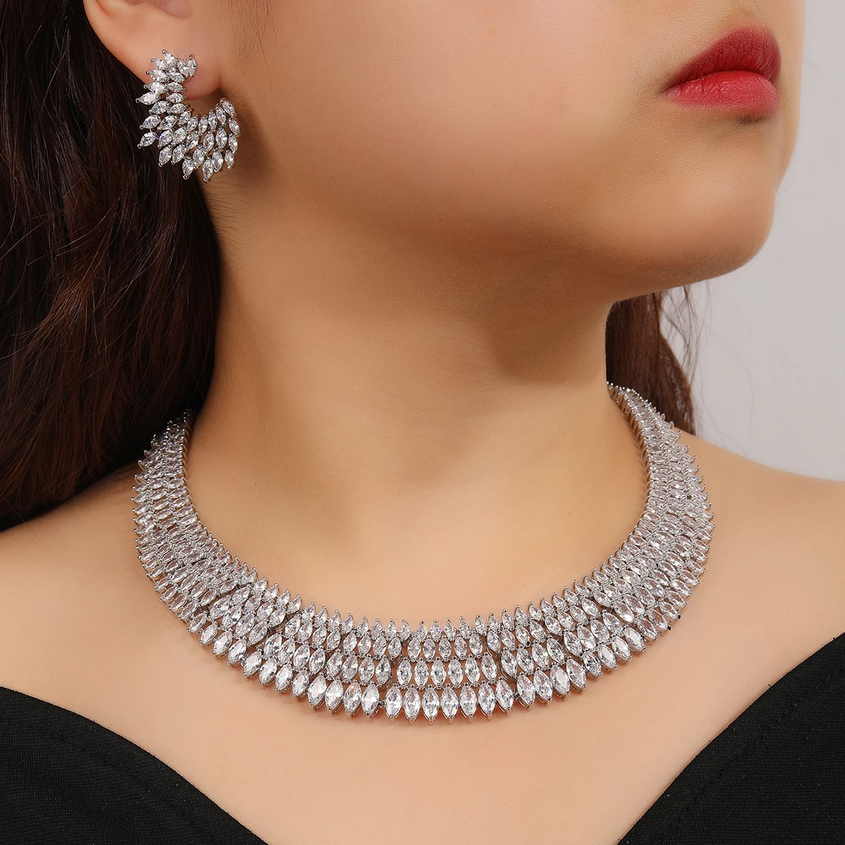 Luxury Full Cubic Zircon Party Jewelry Sets Bridal Wedding Necklace Earring Set for Women Dinner Dress Accessories SE-N11439