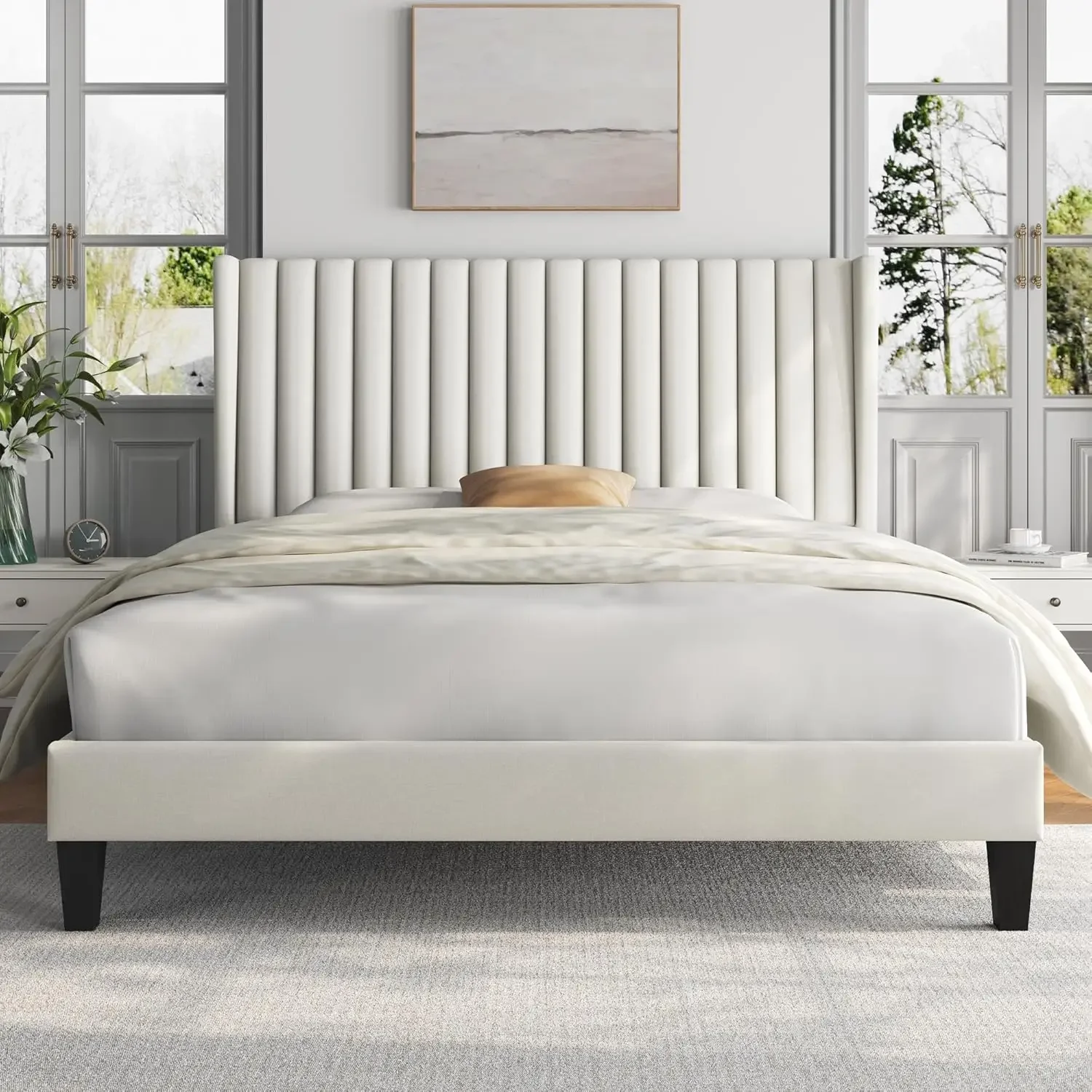 Queen Bed Frame Upholstered Platform Bed with Fabric Headboard, Wing Edge Design/Non-Slip and Noise-Free/Wooden Slats