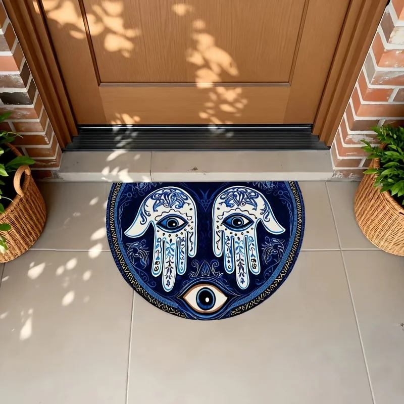 Evil Eye Hamsa Hand Half Round Doormat, Blue Ethnic Printed Entry Mat, Bohemian Front Door Decor