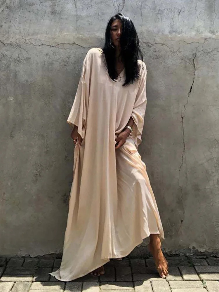 Boho Sexy Swimwear Cover Up Long Dress Rayon Solid Color Beach Wear Tunic Kaftans Kimono Women Clothing Summer Swimsuit 2023 New