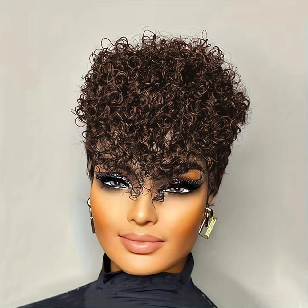 شعر مستعار أفرو غريب مجعد قصير للنساء # 4 شعر بشري ريمي 100% بني اللون، شعر مستعار أفريقي مصنوع آليًا #2
