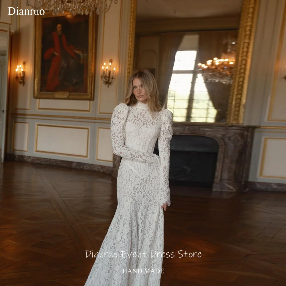Dianruo Modest High Neck Lace Bridal Wedding Dress Long Sleeves платье на выпускной Appliques Handmade Party Dresses Customized