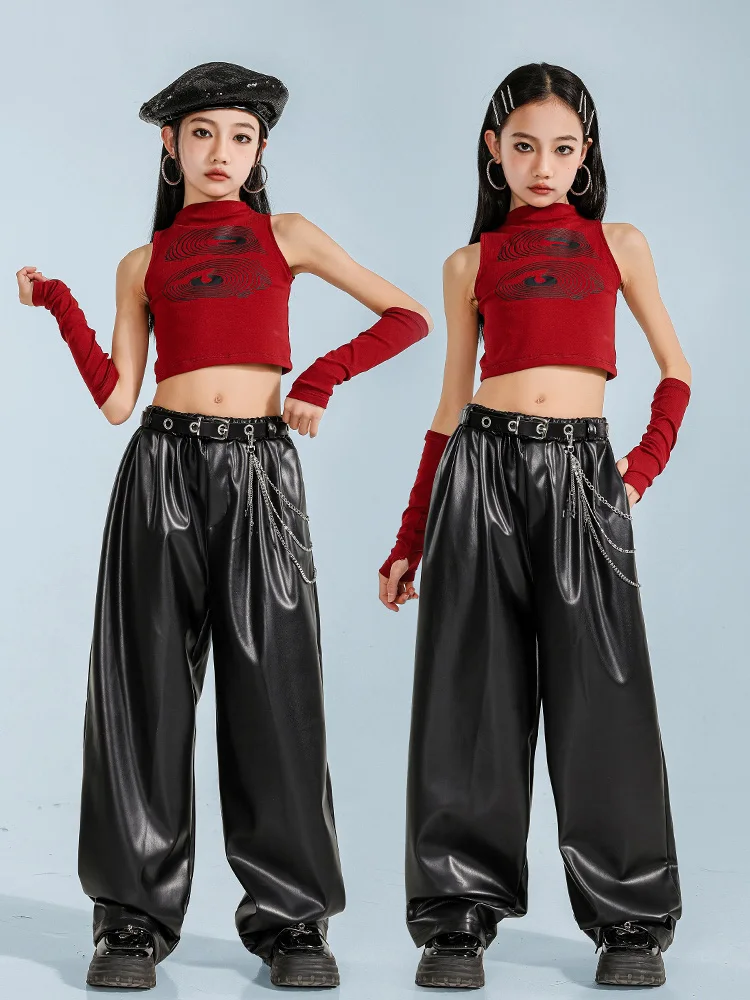 Girls Hip Hop  Dance Costume Summer Red Vest Black Leather Pants Kpop Performance Clothes Concert Kids Street Dance Wear BL15347