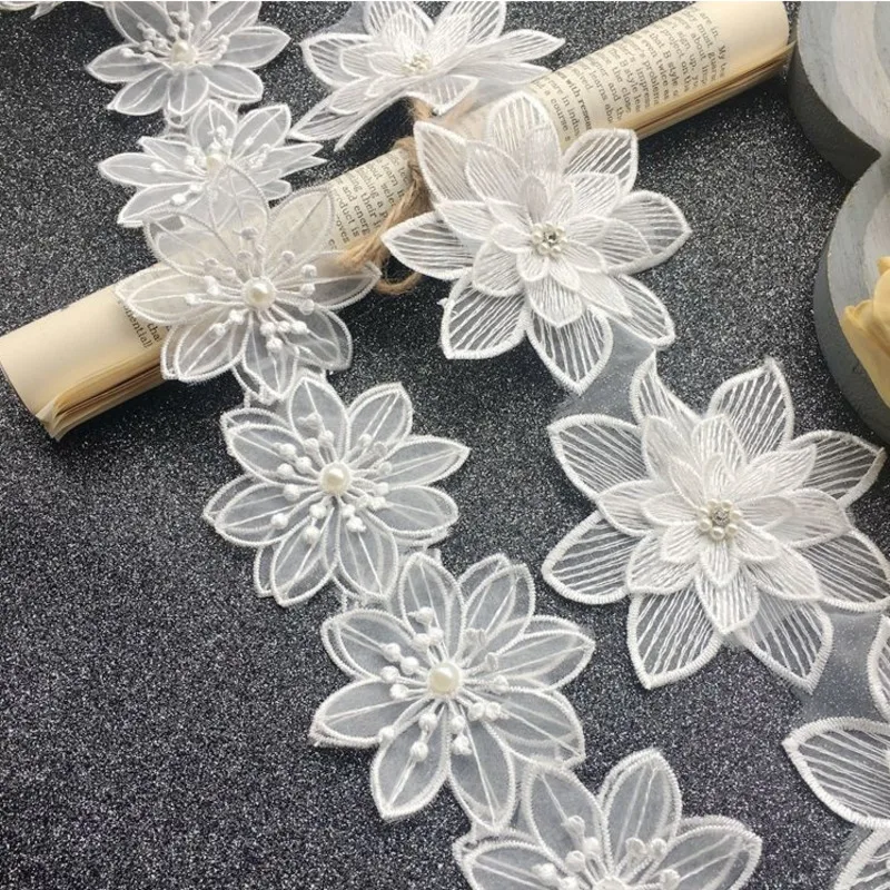 Fine White Organza Tulle Lace Fabric 3D Beads Flowers Embroidery Ribbon Trim Edge For DIY Sewing Neckline Garment Dress Applique