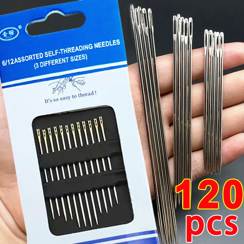 12/120Pcs Blind Sewing Needles Stainless Steel Elderly Big Side Hole Needle DIY Jewerly DIY Handmade Self Threading Sewing Tools