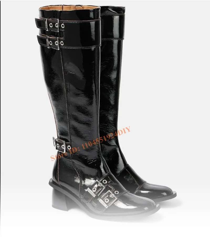 Mid Chunky Heeled Black Patent Leather Buckle Straps Knee Length Boots Women Comfortable Pointed Toe High Heel Long Boot